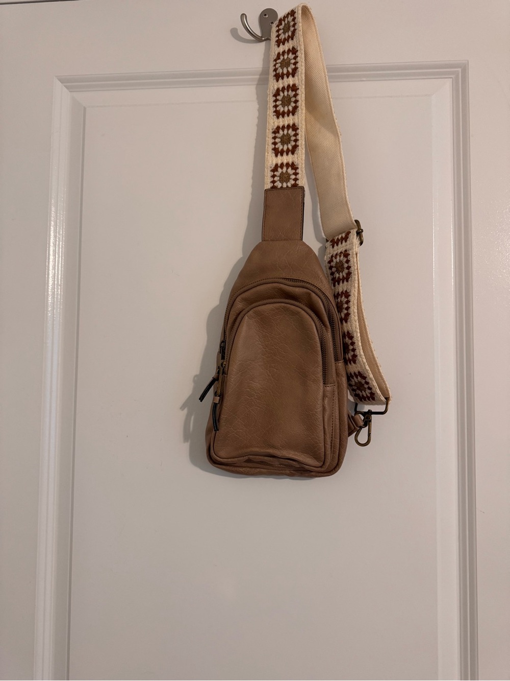 Tan Crossbody Sling Bag with crochet guitar strap